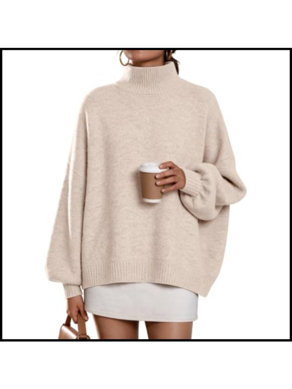 Oversized Mock Neck Lantern Sleeve Knit Pullover Sweater